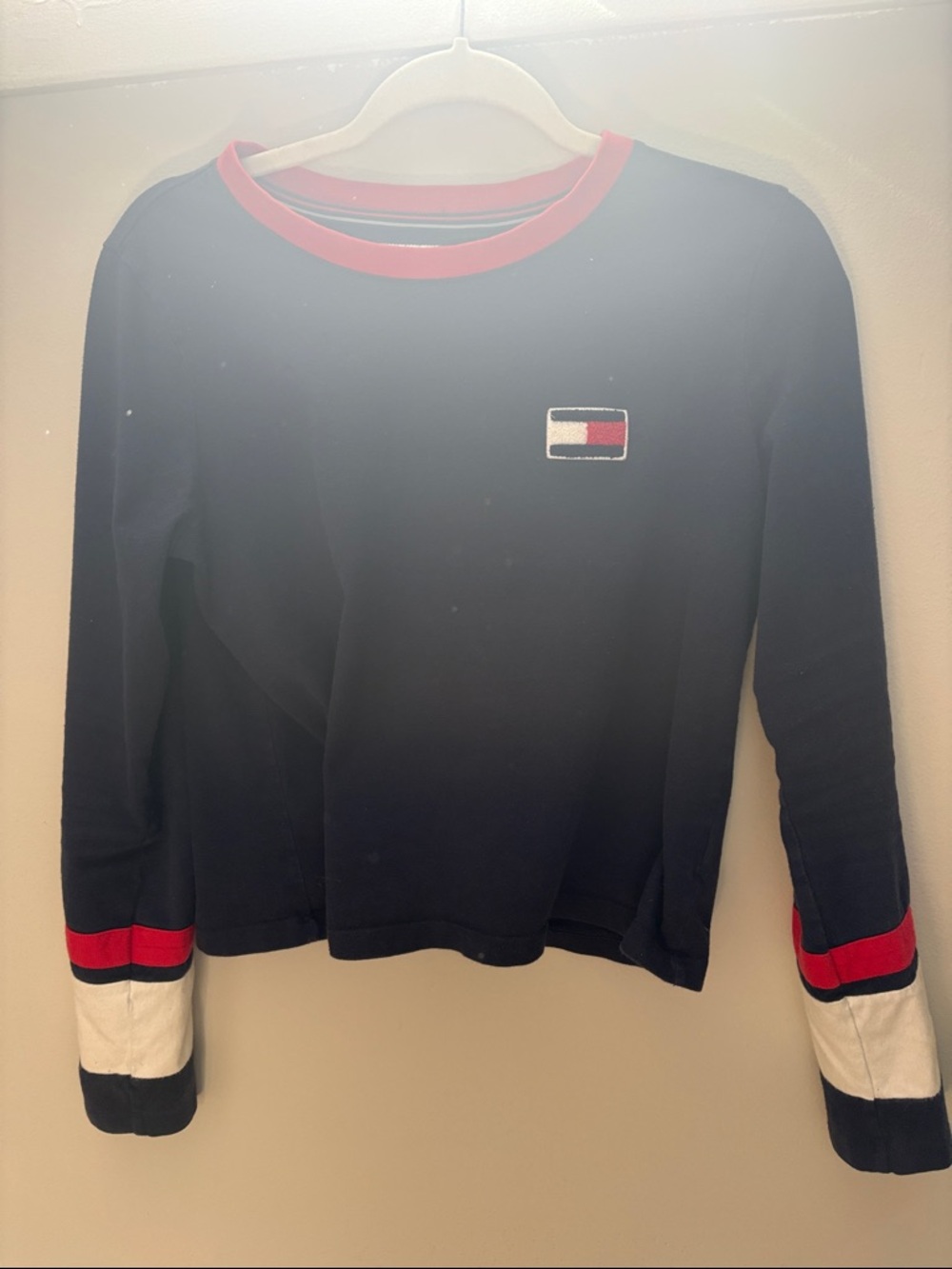 Tommy Hilfiger Navy Cropped Crew Shirt with Red and White Accents